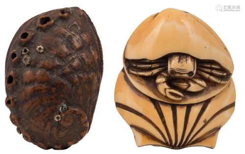 Two Edo period ivory / hardwood katabori netsuke; one