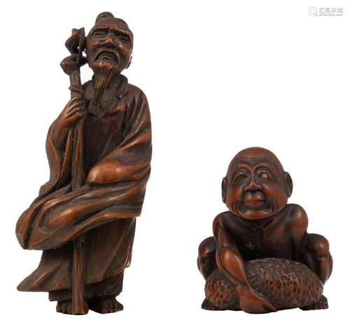 Two Edo period hardwood katabori netsuke; one depicting