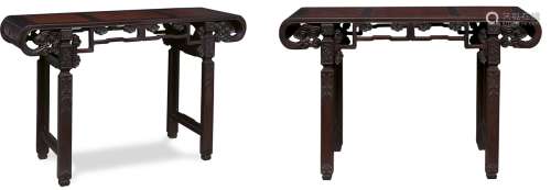清 红木雕灵芝纹琴桌 （一对）