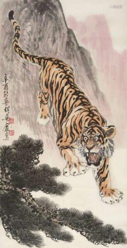 胡爽盦（1916～1988） 猛虎下山 镜片 设色纸本