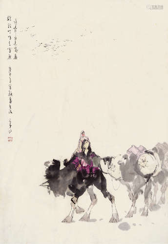 李山（b.1926） 驼铃叮当走雪原 镜片 设色纸本