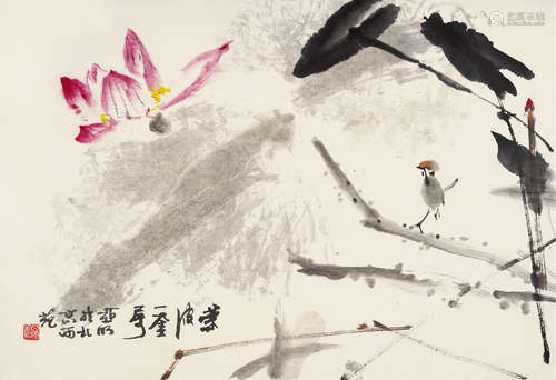 亚明（1924～2002） 荷花小鸟 镜片 设色纸本