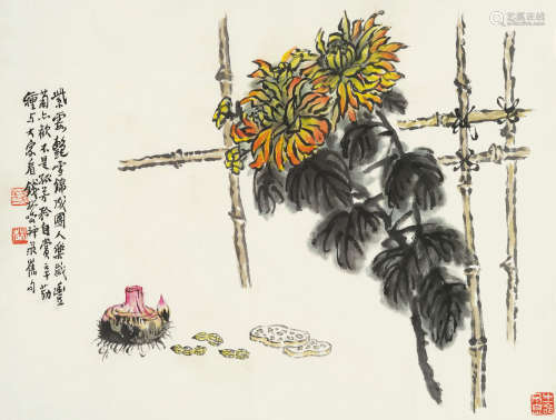 钱松嵒（1899～1985） 篱菊图 镜片 设色纸本