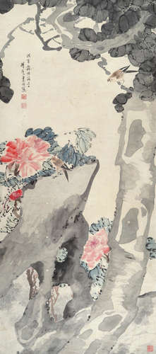 朱梦庐（1826～1900） 花石小鸟 立轴 设色纸本