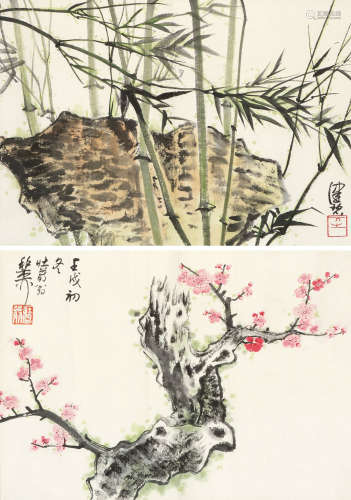 谢稚柳 陈佩秋（1910～1997） 梅花·竹石 镜片 设色纸本