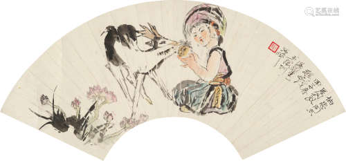 程十发（1921～2007） 少女与鹿 扇片 设色纸本