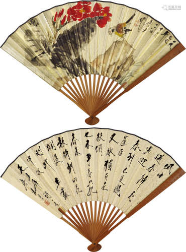 唐云（1910～1993 ） 花鸟·行书《卜算子·咏梅》 成扇 设色泥金笺本