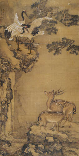 沈铨（1682～1760） 鹤鹿同春 立轴 设色绢本