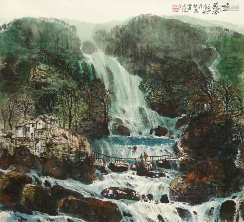 胡振昆（1941～1997） 崂山观瀑 镜片 设色纸本