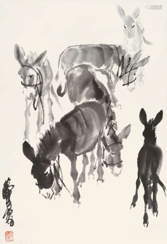 黄胄（1925～1997） 群驴图 立轴 水墨纸本