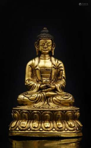 Tibet, XVIIIe siècle. Statuette en bronze doré rep...