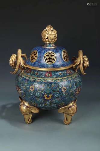 A CLOISONNE ENAMEL TRIPOD CENSER