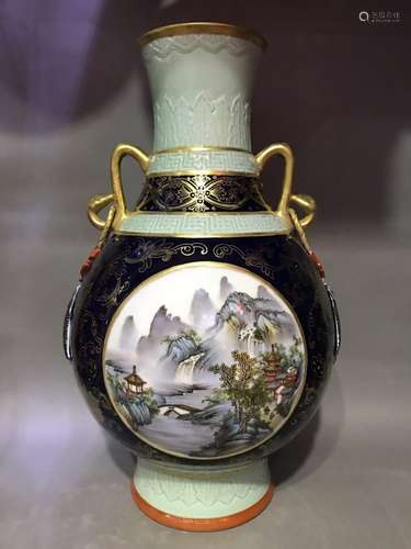 A CELADON FAMFILLE ROSE VASE, YONGZHENG MARK