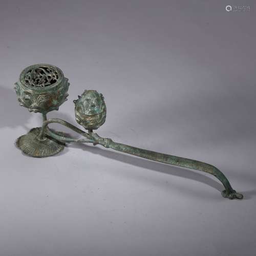 A CHINESE BRONZE HANDHELD LOTUS INCENSE BURNER