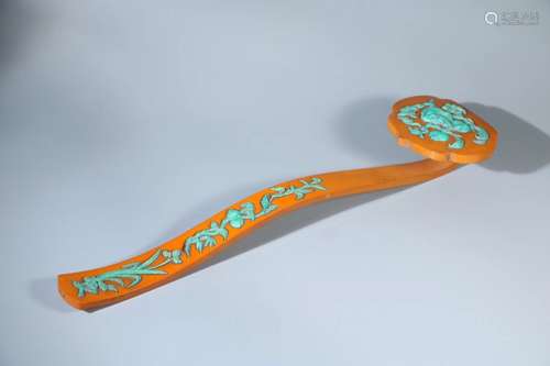 A BAMBOO INLAID WITH TURQUOISE SCEPTER