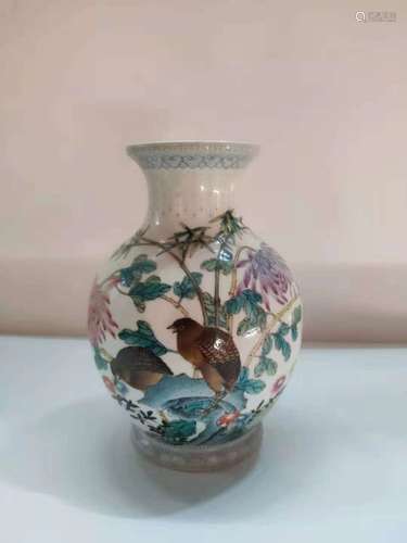 A FAMILLE ROSE INSCRIBED VASE, QIANLONG MARK