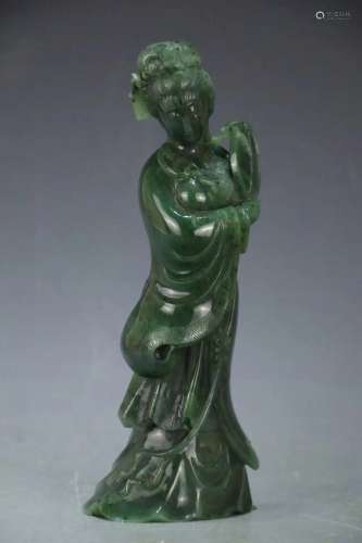 A GREEN JADE FIGURE OF STANDING LADY