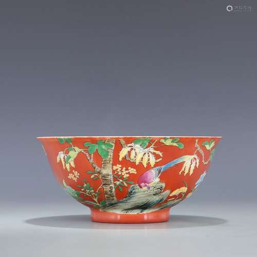 A RED-GROUND FAMILLE ROSE BOWL,YONGZHENG MARK