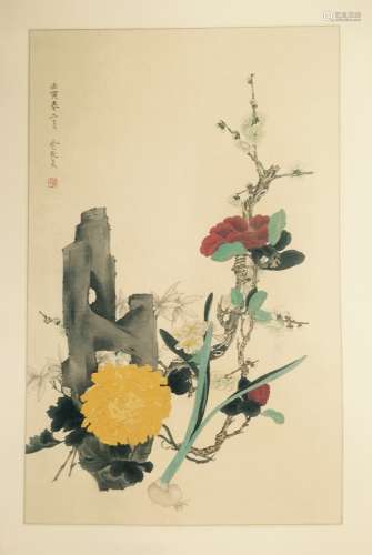 A CHINESE PAINTING OF FLOWERS, YU ZHIZHENG