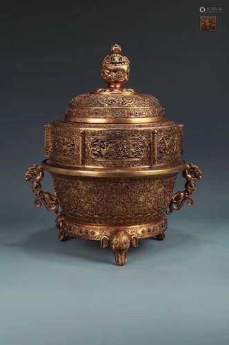 A BRONZE CARVED TRIPOD CENSER, QIANLONG MARK