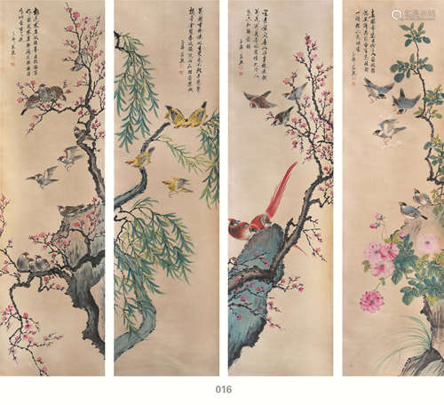 (1803—1886) 张熊 花鸟四屏 设色纸本 立轴