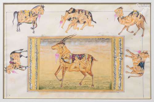 Miniature illustrée de six animaux composé de couples érotiques. Pigments polychromes sur papier. Inde. Période Moghole. Début du 20 ème siècle. 29x18cm.