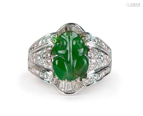 NATURAL CARVED TOAD JADEITE AND DIAMOND RING