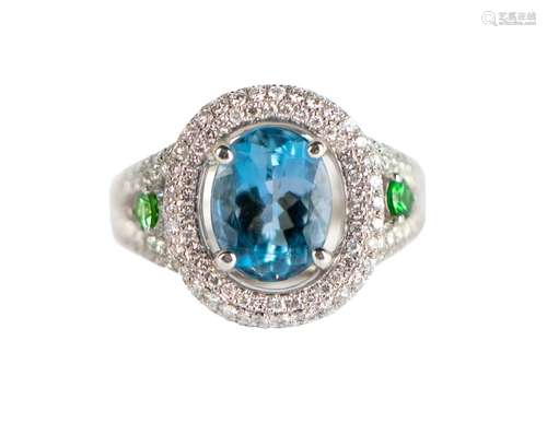 A  FINE AQUAMARINE, AND DIAMOND RING