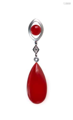 NATURAL AKA RED CORAL AND DIAMOND PENDANT