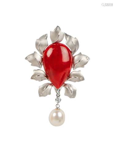 NATURAL RED CORAL, PEARL AND DIAMOND PENDANT