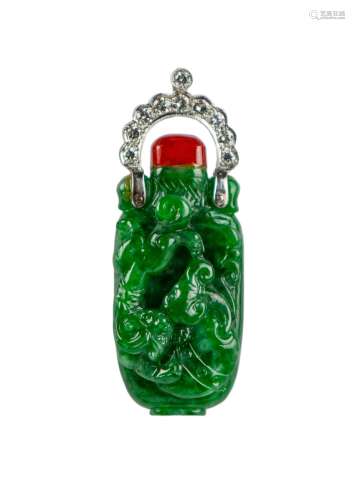 A NATURAL JADEITE BOTTLE/PENDANT WITH DIAMONDS