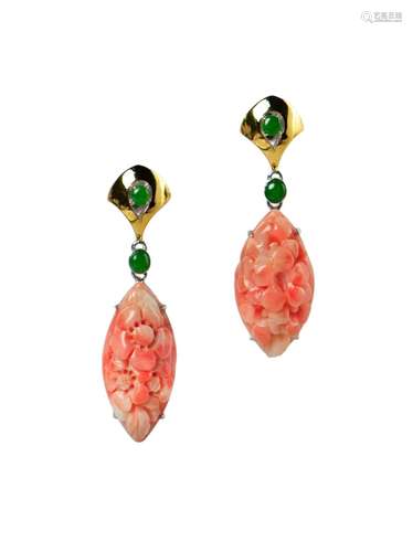 NATURAL CORAL AND JADE EARRINGS