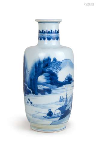 QING DYNASTY BLUE AND WHITE ROULEAU VASE