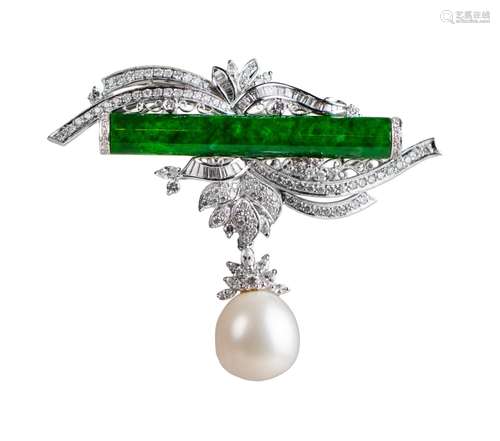 JADEITE , DIAMOND, SOUTH SEA PEARL BROOCH/PENDANT