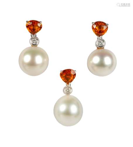 SET OF SOUTH SEA PEARL, YELLOW SAPPHIRE ORNAMENT