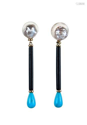 PEARL, BLACK CORAL, AND TURQUOISE EARRINGS