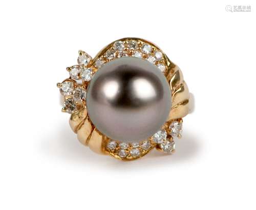 SOUTH SEA CULTURED BLACK PEARL AND DIAMOND RING