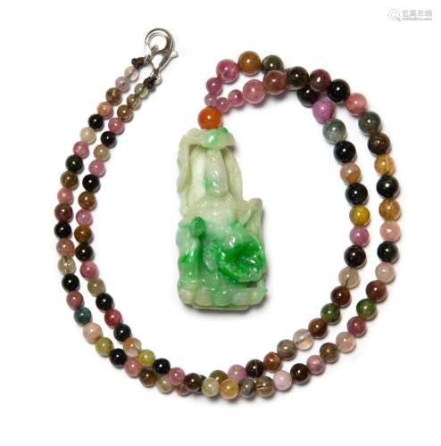 JADE AND TOURMALINE GUANYIN NECKLACE
