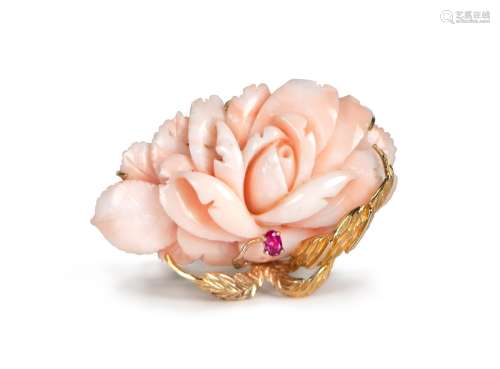 ANGEL SKIN CORAL, RUBY AND GOLD ROSE BROOCH