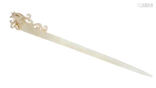 A FINELY CARVED WHITE JADE PHOENIX HAIR PIN