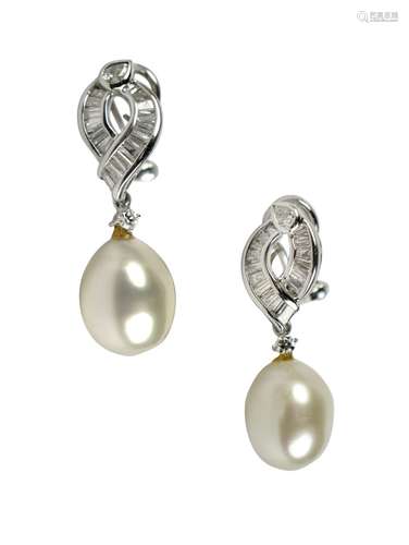 PAIR OF SOUTH SEA CULTURED PEARL,DIAMOND EARRINGS