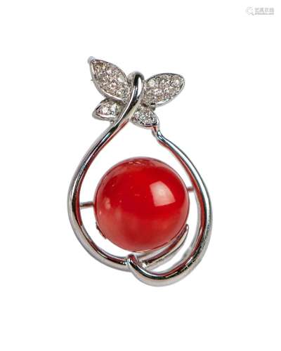 NATURAL RED CORAL AND DIAMOND PENDANT