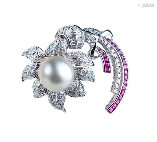 SOUTH SEA CULTURED PEARL, DIAMOND AND RUBY BROOCH