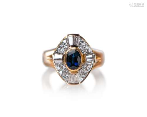 NATURAL BLUE SAPPHIRE AND DIAMOND GOLD RING