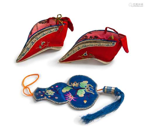 CHINESE EMBROIDERY LOTUS SHOES AND SACHET