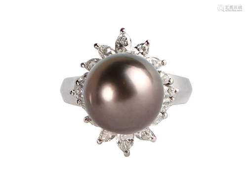 SOUTH SEA CULTURED BLACK PEARL AND DIAMOND RING