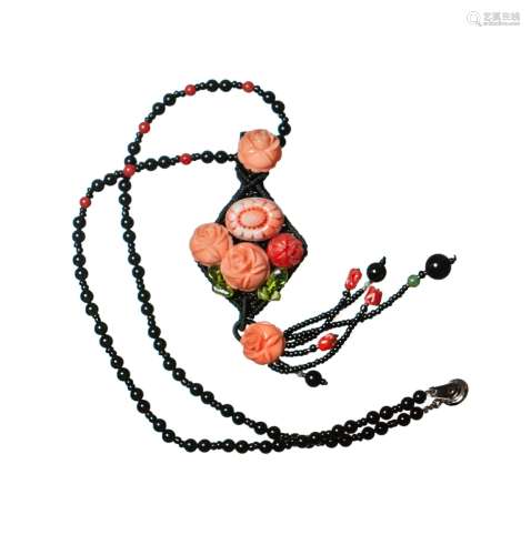 NATURAL MULTI-COLORED FLOWER CARVED CORAL NECKLACE