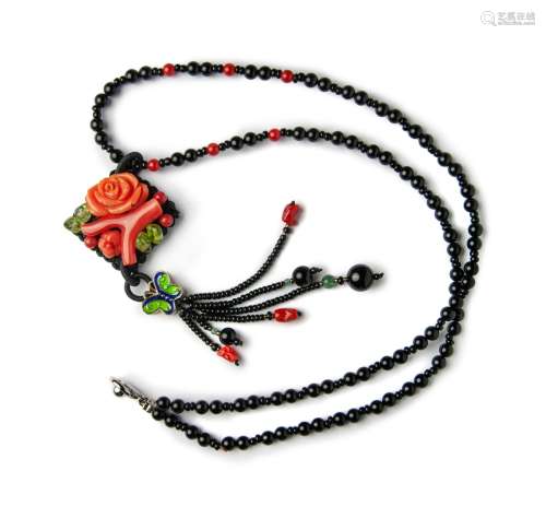 NATURAL FLOWER CARVED RED CORAL NECKLACE