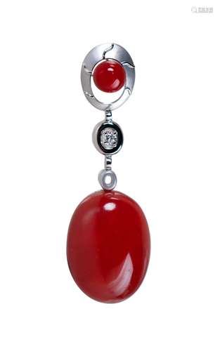 NATURAL AKA RED CORAL AND DIAMOND PENDANT