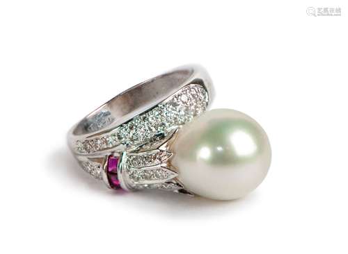 A CULTURED PEARL AND DIAMOND RING